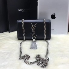 YSL Малка кожена чанта с пискюли, 17 см, черно-сребриста