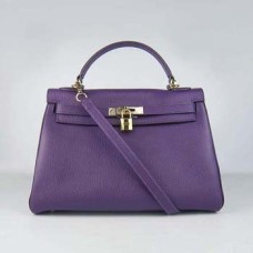 Кожена чанта Hermes Kelly 32 см Togo 6108 лилаво-златиста