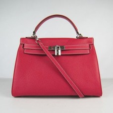 Кожена чанта Hermes Kelly 32 см Togo, червена/сребриста