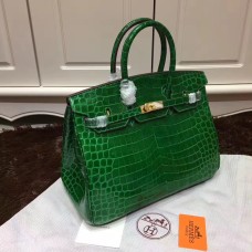 Hermes Birkin 35 см чанта от крокодилска кожа, зелено злато