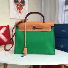 Hermes Herbag 31 см зелена платнена чанта