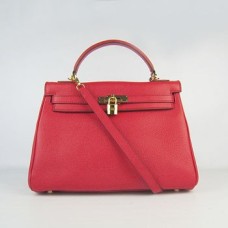 Кожена чанта Hermes Kelly 32 см Togo, червена/златиста