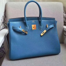 Чанта Hermes Birkin 35 см от говежда кожа, синьо-златна