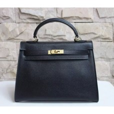 Hermes Kelly 32 см Epsom кожена чанта черно злато