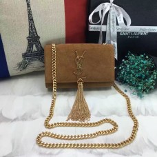 YSL Малка чанта с пискюли, 17 см, велурена, цвят камила