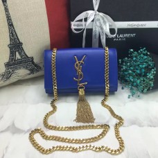 YSL Малка кожена чанта с верижка и пискюли 17 см, синя