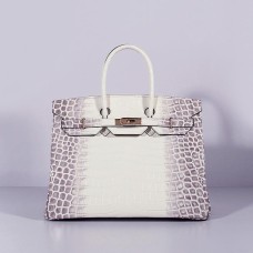 Hermes Birkin 35 см крокодилска кожа чанта сиво бяло злато