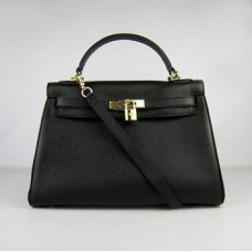 Кожена чанта Hermes Kelly 32 см Togo 6108 черно злато