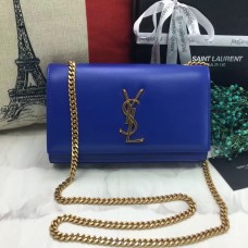Чанта от гладка кожа с верижка YSL 22 см, синя