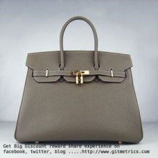 Чанта Hermes Birkin 35 см от говежда кожа, тъмно каки, златиста