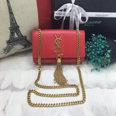 YSL Малка кожена чанта с верижка и пискюли 17 см, червено-златна