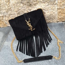 Чанта от велур и кожа с пискюли YSL 22 см, черна