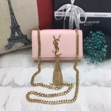 YSL Малка кожена чанта с пискюли, 17 см, светло розово и златно