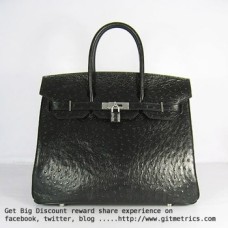 Чанта Hermes Birkin 35 см с щраусови вени, черно-сребриста