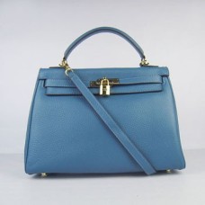 Кожена чанта Hermes Kelly 32 см Togo, синьо/златиста