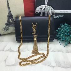 Чанта с пискюли YSL, 22 см, гладка кожа, черно-златиста