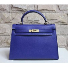 Hermes Kelly 32 см Epsom кожена чанта електрическо синьо злато