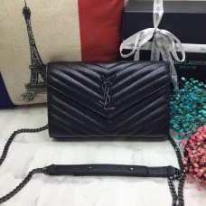 Чанта-плик YSL, кожена, черна, с верижка от кафяв метал, 23 см