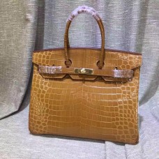 Hermes Birkin 35 см чанта от крокодилска кожа, кафяво и златисто