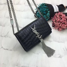 Чанта с пискюли YSL, 17 см, крокодилско черно и сребристо