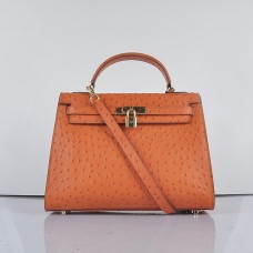 Hermes Kelly 32 см Ostrich Vein 6108 оранжев златист