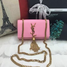 YSL Малка кожена чанта с верижка и пискюли 17 см, розова