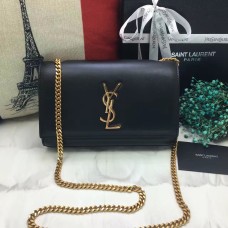 Чанта с верижка от гладка кожа YSL 22 см, черно-златиста