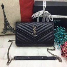 Чанта-плик YSL, кожена, черна, сребърна, верижка 23 см