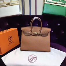 Чанта Hermes Birkin 35 см от говежда кожа, светло кафе, сребриста